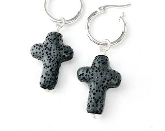 Silver lava cross hoop charm earrings. Free shipping and gift wrapping. Made in Melbourne