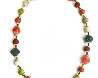 Recycled Glass Rainbow and Gold Necklace. Free Shipping and Gift Wrapping.