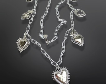 Long Sacred Flaming Heart Mexican Silver Boho Charm Necklace. Made in Melbourne. Free Shipping And Gift Wrapping.