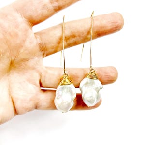 Long Herringbone Gold wired wrapped Baroque Fresh Water Pearl Earrings. Free Shipping and Gift Wrapping. Made in Australia.