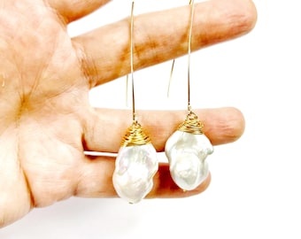 Long Herringbone Gold wired wrapped Baroque Fresh Water Pearl Earrings. Free Shipping and Gift Wrapping. Made in Australia.