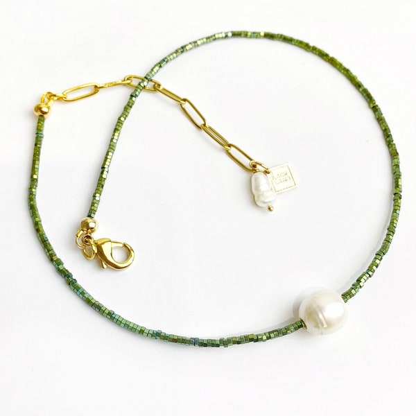 Simple Emerald Metallic Green Necklace with Floating Freshwater Pearl. Free Shipping and Gift Wrapping.