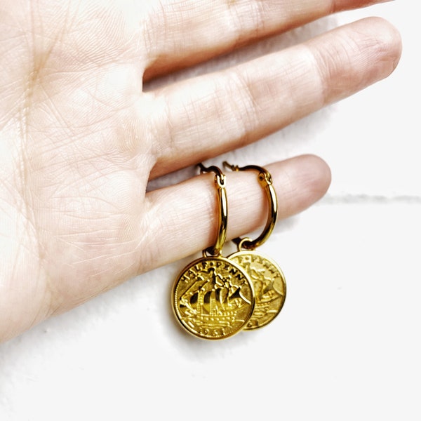 Australian Gold Vintage Half Penny Coin Charm Hoop Earrings. Free shipping and gift wrapping. Made in Melbourne.