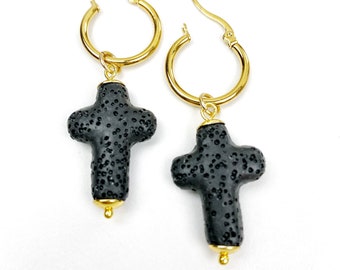 Gold Black Lava Cross Hoop earrings. Free shipping and gift wrapping. Made in Melbourne