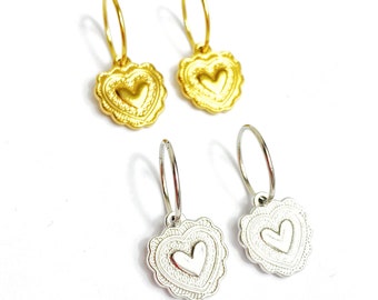 13mm Gold or Silver Sacred Heart Silver Mexican Hoop Earrings. Made in Melbourne. Free Shipping and Gift Wrapping.