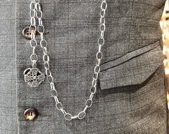 Silver Mens Waistcoat, accessories, Vest chain with Celtic Cross Charm. Free Shipping. Free Gift Wrapping.