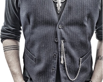 Silver Mens Waistcoat, accessories, Vest chain with Figa Hand Good Luck Charm. Free Shipping. Free Gift Wrapping.