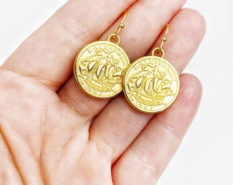 24K Gold Plated Australian Half Penny Coin Vintage Drop Earrings. Free Shipping and Gift Wrapping. made in Australia.