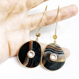 Striped Black Botswana Agate Swarovski Long Wishbone Earrings. Free Shipping image 6