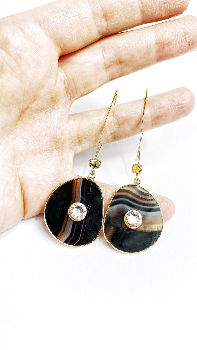 Striped Black Botswana Agate Swarovski Long Wishbone Earrings. Free Shipping image 6