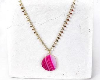 Hot Pink Agate Pendant on Mandala Chain Necklace. Free Shipping and Gift Wrapping. Made in Australia