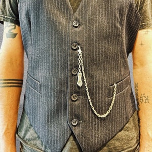 Silver Mens Waistcoat, accessories, Vest chain with Figa Hand Good Luck Charm. Free Shipping. Free Gift Wrapping.