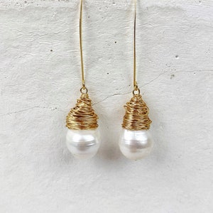 Long Herringbone wired wrapped Baroque Fresh water Pearl Earrings. Free Shipping and Gift Wrapping. Made in Australia.