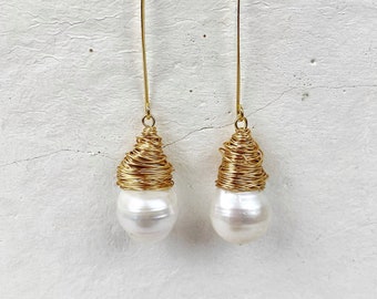 Long Herringbone wired wrapped Baroque Fresh water Pearl Earrings. Free Shipping and Gift Wrapping. Made in Australia.