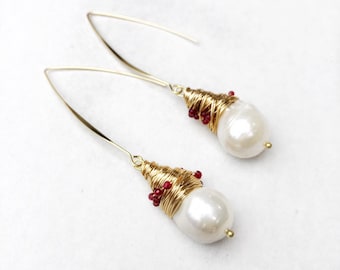 Long Gold Herringbone Earhook Baroque Pearl wrapped with Ruby Crystals Earrings.