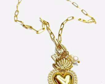 Gold Paperclip Fob Necklace with Mexican Flaming Sacred Heart and Freshwater Pearl Drop