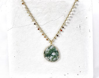 Natural Gemstone Moss Agate Pendant Necklace. Free Shipping and Gift Wrapping. Made in Australia.
