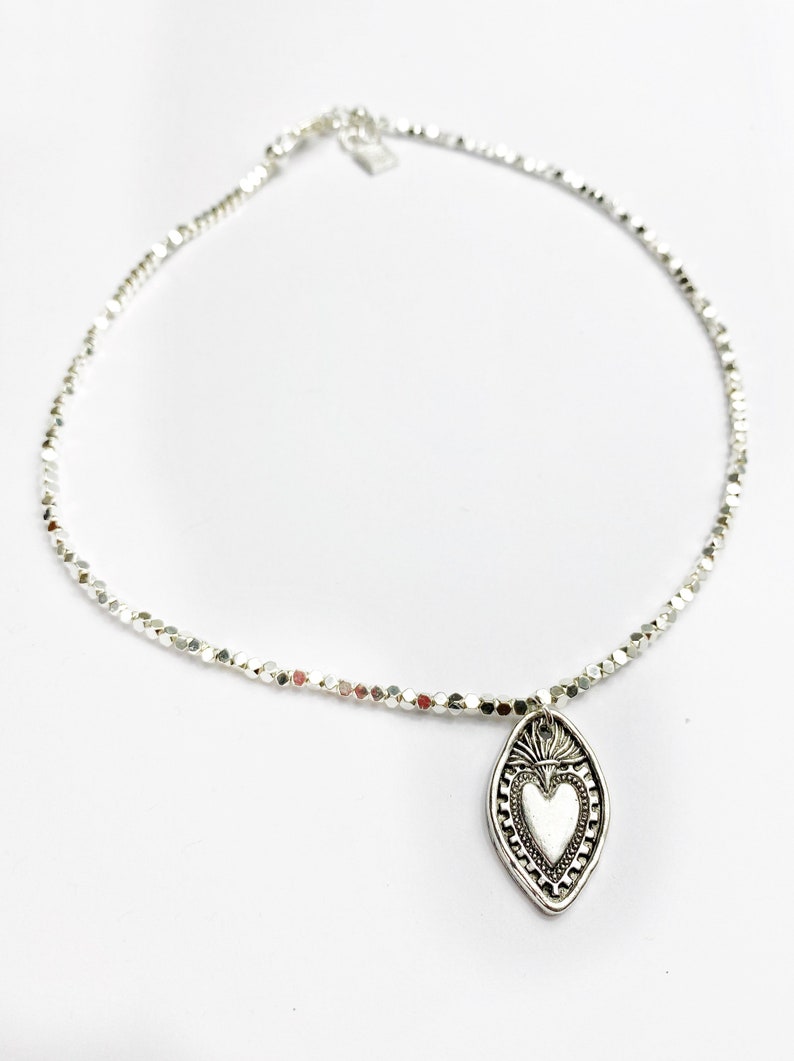 Silver beaded Flaming Sacred Heart Necklace. Made in Melbourne. Free Shipping and Gift Wrapping image 3