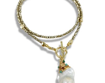 Fob Necklace. Turquoise Wrapped Baroque Pearl on Fine Gold Crystal. Free Shipping and Gift Wrapping. Made in Melbourne.