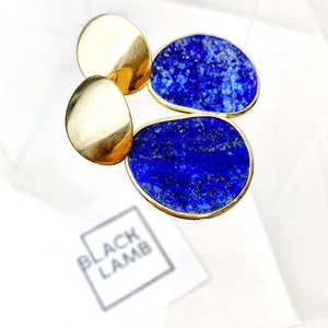 Cobalt Blue Lapis Lazuli Nugget Gemstone Slice Dome Stud Drop Earrings. Free Shipping and Gift Wrapping. Made in Australia image 1