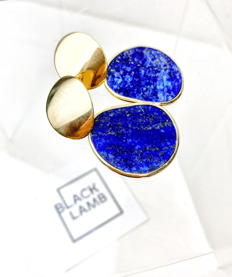Cobalt Blue Lapis Lazuli Nugget Gemstone Slice Dome Stud Drop Earrings. Free Shipping and Gift Wrapping. Made in Australia image 1