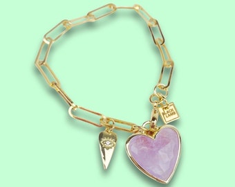 Amethyst Heart Evil Eye Paperclip Charm Bracelet. Free Shipping and Gift Wrapping.
