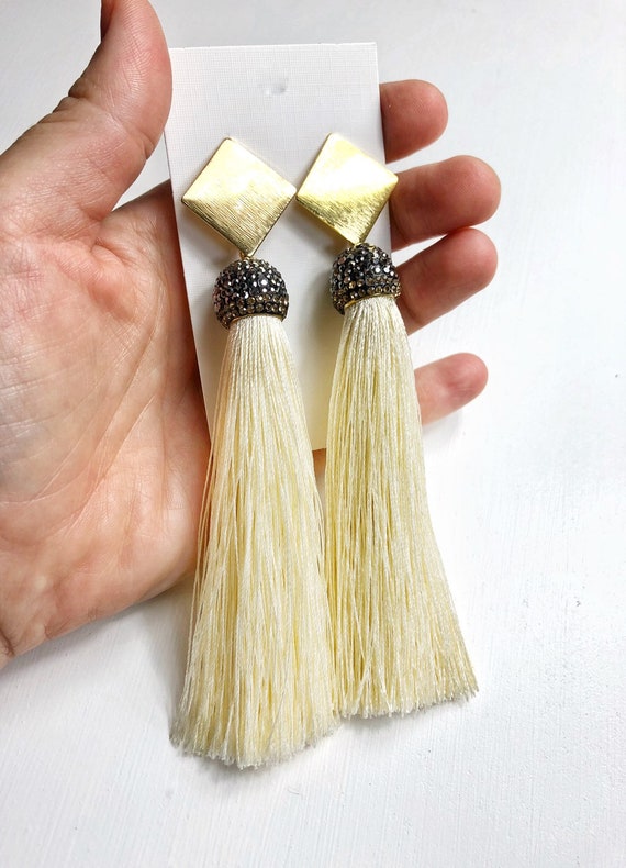 Ivory Pavé Tassel Gold Kite Stud Earrings