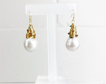 Wrapped Baroque Freshwater Pearl earrings with Faceted turquoise. Free Shipping. Great Gift.