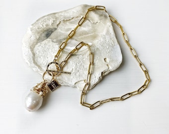 Freshwater Wrapped Baroque Pearl Pendant on Fine Gold Paperclip Chain with Fob Clasp. Free Shipping and Gift Wrapping. Made in Melbourne.