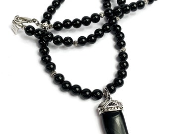 Pendant Maori Ethnic Black Tiger Tooth on Onyx Necklace. Free Shipping.