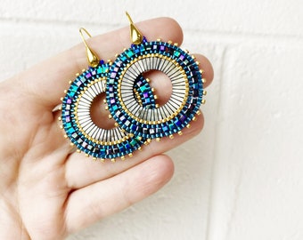 PEacock BLue HAndwoven ULtralight MAndala DRop EArrings. FRee SHipping. MAde IN MElbourne.