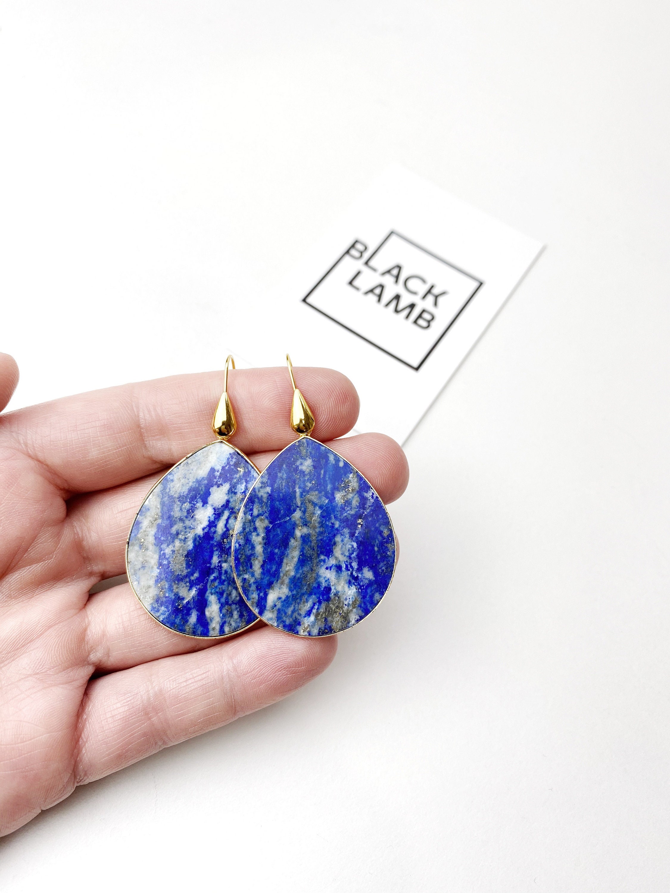 Blue Lapis Lazuli Teardrop Slice Drop Earrings Made in Melbourne. Lightweight.Free Shipping and gift wrapping