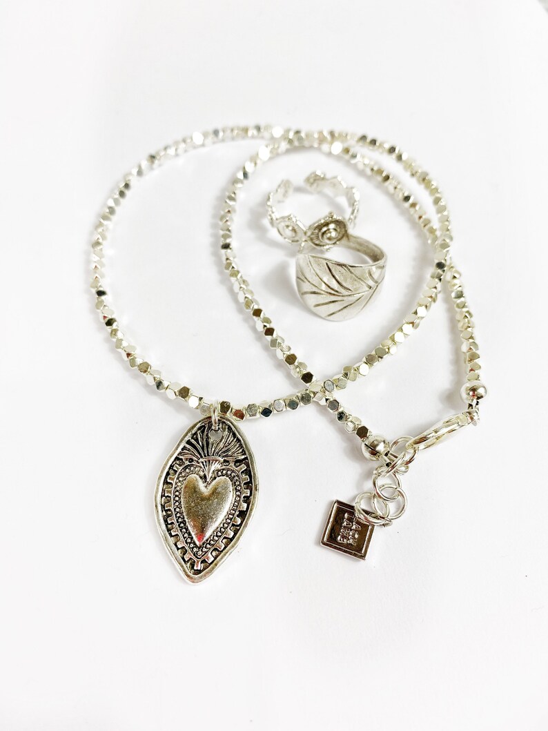 Silver beaded Flaming Sacred Heart Necklace. Made in Melbourne. Free Shipping and Gift Wrapping image 4