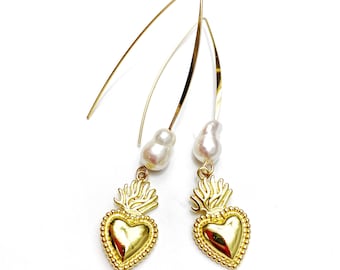 Gold Wishbone Sacred Heart Pearl Earring. Free Shipping and Gift Wrapping.