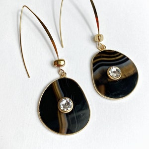 Striped Black Botswana Agate Swarovski Long Wishbone Earrings. Free Shipping image 4