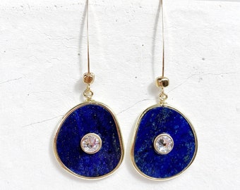 Blue Lapis Lazuli Swarovski Long Wishbone Earrings. Free Shipping