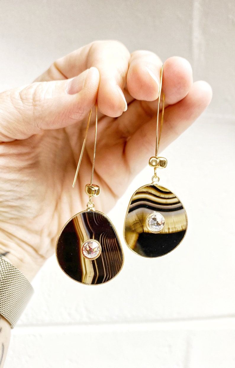 Striped Black Botswana Agate Swarovski Long Wishbone Earrings. Free Shipping image 5