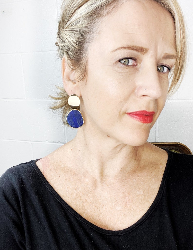 Cobalt Blue Lapis Lazuli Nugget Gemstone Slice Dome Stud Drop Earrings. Free Shipping and Gift Wrapping. Made in Australia image 3