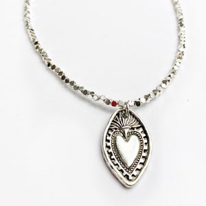 Silver beaded Flaming Sacred Heart Necklace. Made in Melbourne. Free Shipping and Gift Wrapping image 2