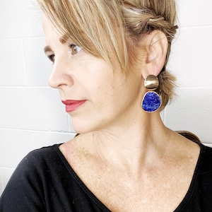 Cobalt Blue Lapis Lazuli Nugget Gemstone Slice Dome Stud Drop Earrings. Free Shipping and Gift Wrapping. Made in Australia image 2