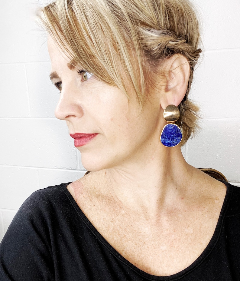 Cobalt Blue Lapis Lazuli Nugget Gemstone Slice Dome Stud Drop Earrings. Free Shipping and Gift Wrapping. Made in Australia image 2