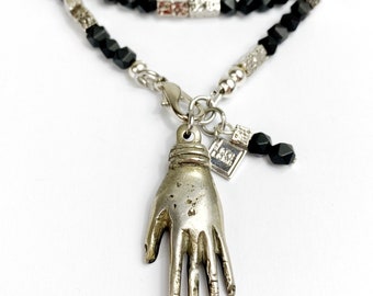 Mens Long Matt Black Onyx Necklace With Helping Hand Pendant. Free Shipping and Gift Wrapping.