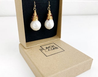 Wrapped Baroque Freshwater Pearl earring faceted Ruby earrings
