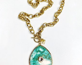 Turquoise Swarovski Drop Pendant on Chunky Gold Chain. Free Shipping.