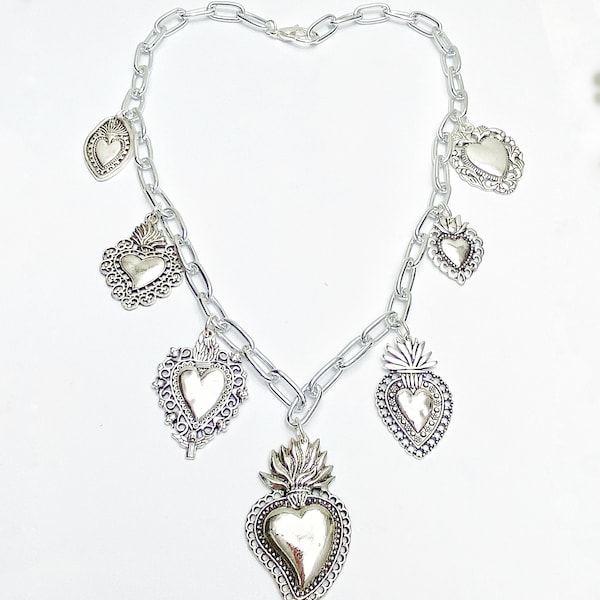 Sacred Flaming Heart Mexican Silver Boho Charm Necklace. Made in Melbourne. Free Shipping And Gift Wrapping.