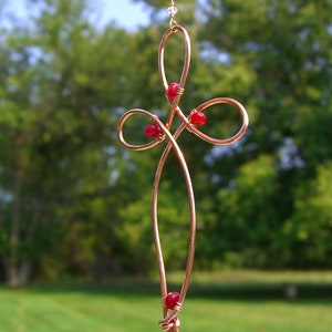 Ruby Beaded Cross Suncatcher Handmade Wire Cross Ornament Ruby, Pearl, June, July Birthstone, Easter Gift, Confirmation