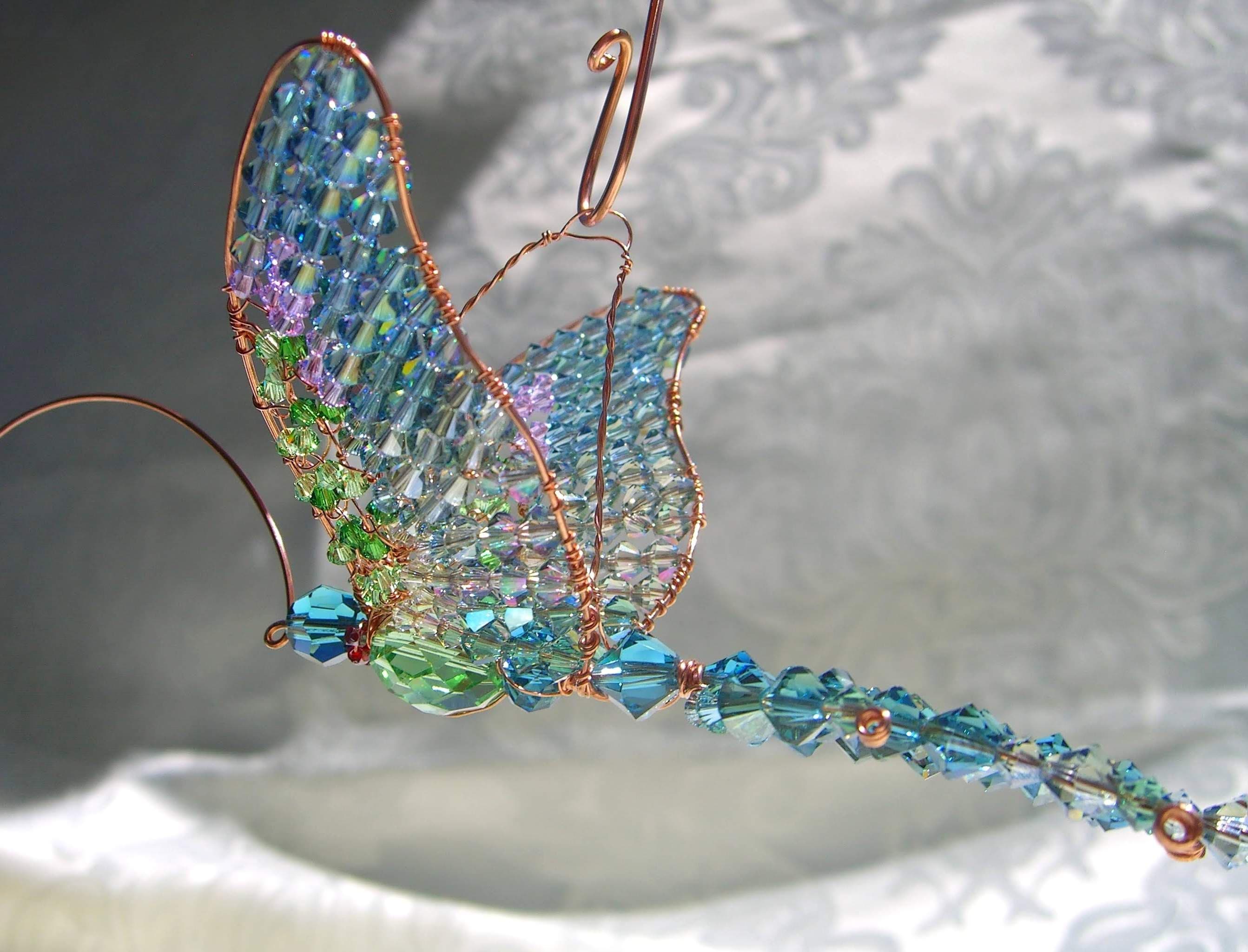 Beaded Bird Sculpture Handmade Swarovski Ruby Throated