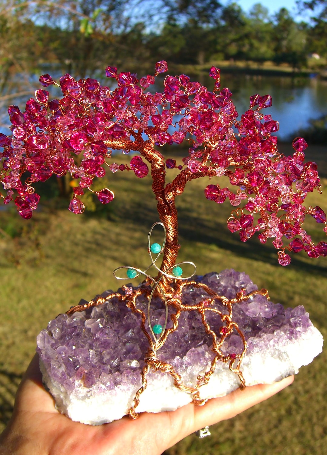 Beaded Wire Tree Sculpture Handmade Swarovski Flowering Pink