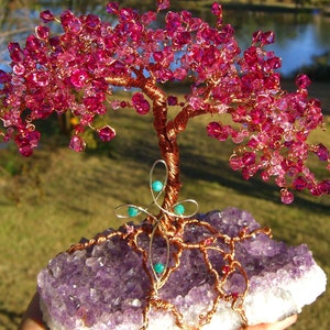 Beaded Wire Tree Sculpture Handmade Swarovski Flowering Pink Tree of Life on Amethyst Crystal Base Garden Art *Made to Order*