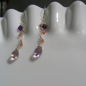 Padparadscha Sapphire Earrings, Ametrine & Amethyst Earrings, Handcrafted, Artisan, Drop Cascade Earrings, September/February Birthstone